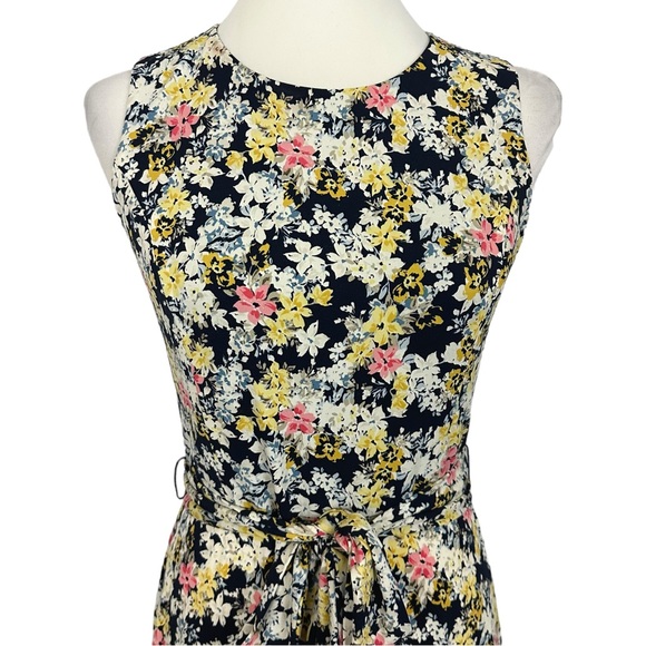 CHARTER CLUB | Navy White Yellow Sleeveless Floral Belted A-Line Midi Dress XS - Picture 3 of 15